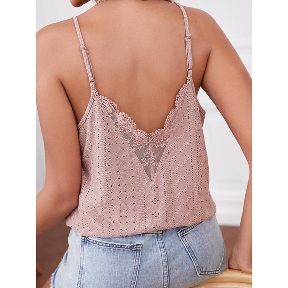 boho Eyelet Embroidery Contrast Guipure Lace Scallop Trim Cami tank Top white - Picture 7 of 11